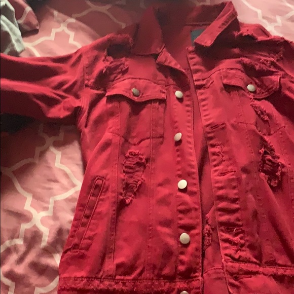 Woman Red distressed Denim jacket - Picture 2 of 2